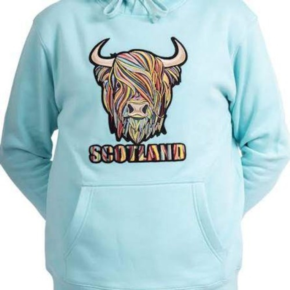 Travel Outfitters Scotland Highland Cow Embroidered Hoodie Aqua Blue Kids 9-11Y - Picture 1 of 5